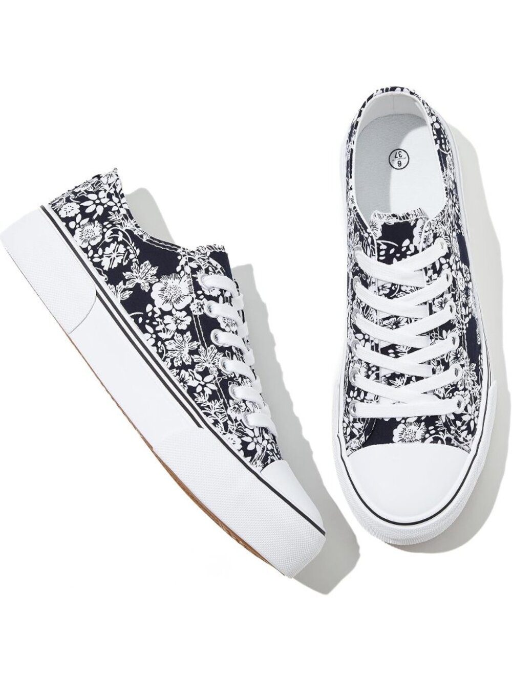 Women's Navy Flower Rubber Sole Canvas Lace Up Fashion Comfortable Walking Shoes